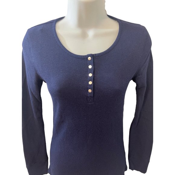 NEW Navy Blue Thermal Waffle V-Neck Knit Long Sleeve Top Size Large - Picture 3 of 5